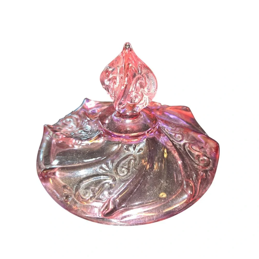 Fenton Signed Candy Dish Pink Paisley Swirl VTG Glass Lid Pedestal Bowl 7.5X5X5